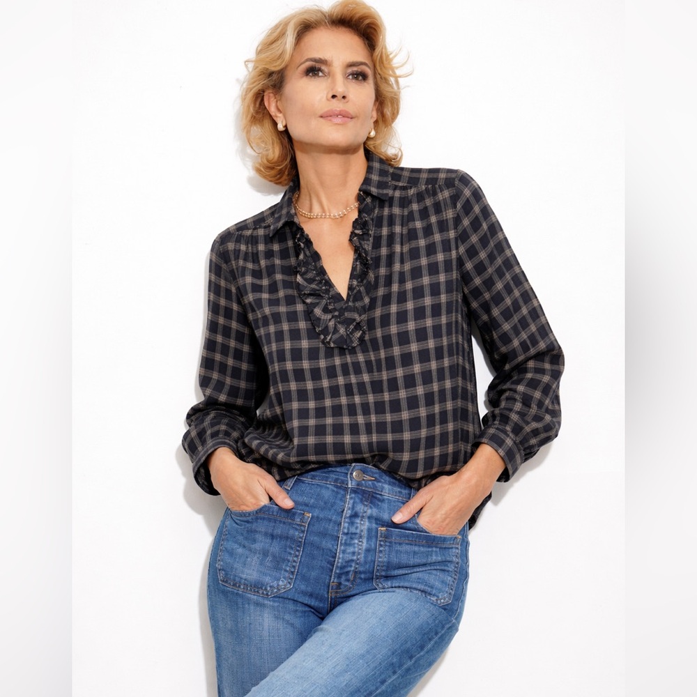 A Shirt Thing Celine Black Plaid Ruffle Blouse P XS Retails $345 Oversized Fit